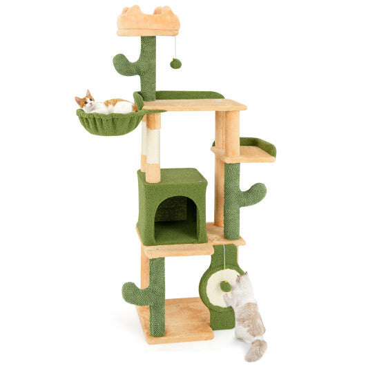 63 Inch Cactus Cat Tree with Sisal Scratching Posts and Board for Indoor Cats - Color: Green