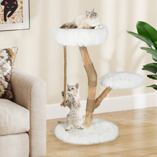 Modern Wooden Cat Tree Tower with Perch and Natural Jute Scratching Posts-White - Color: White