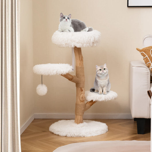 Cat Tree Solid Pear Wood with Perch and Natural Jute Scratching Posts-White - Color: White