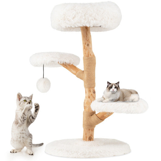 Cat Tree Solid Pear Wood with Perch and Natural Jute Scratching Posts-White - Color: White