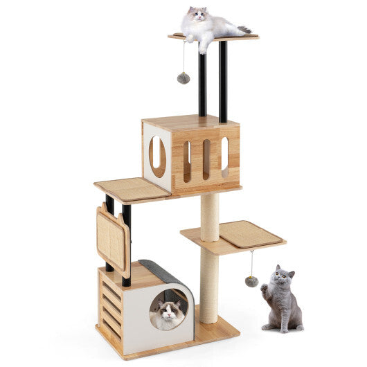 Modern Tall Cat Tower with Double Condos with Dangling Balls