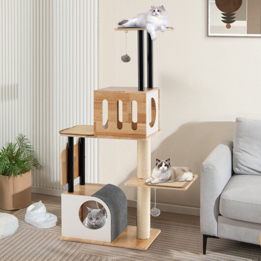 Modern Tall Cat Tower with Double Condos with Dangling Balls and Sisal Carpets-Natural - Color: Natural