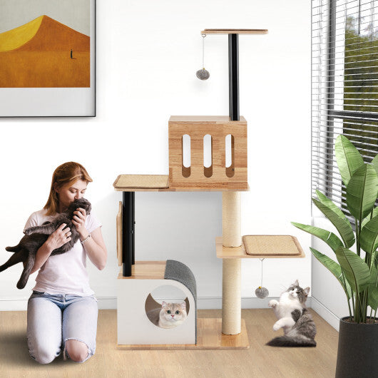 Modern Tall Cat Tower with Double Condos with Dangling Balls and Sisal Carpets-Natural - Color: Natural
