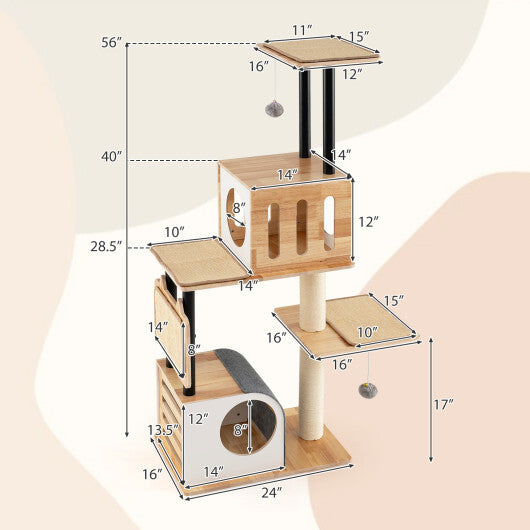 Modern Tall Cat Tower with Double Condos with Dangling Balls and Sisal Carpets-Natural - Color: Natural