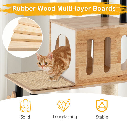 Modern Tall Cat Tower with Double Condos with Dangling Balls and Sisal Carpets-Natural - Color: Natural