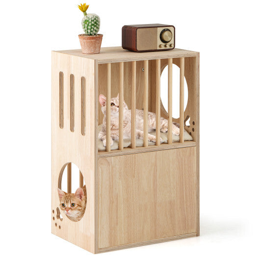 2-Tier Wooden Cat Condo Indoor Symmetrical Cat House