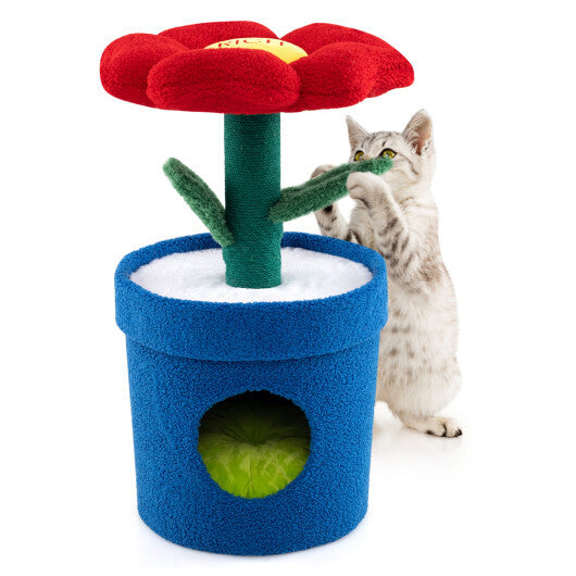 Cute Cat Tree with Flower Padded Perch for Indoor Cats, Red
