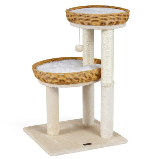30-Inch Cat Tower with 2 Rattan Cat Baskets for Indoor Kittens-Beige - Color: Beige