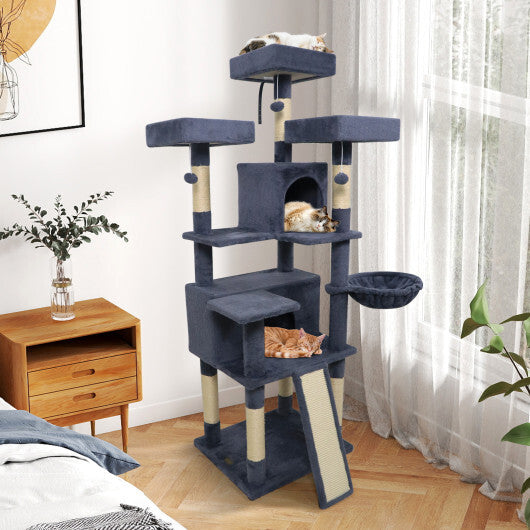 65 Inch Tall Multi-level Cat Tree with 3 Upholstered Perch and 2 Cat Condos-Dark Gray - Color: Dark Gray