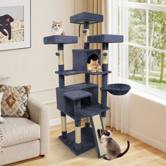 65 Inch Tall Multi-level Cat Tree with 3 Upholstered Perch and 2 Cat Condos-Dark Gray - Color: Dark Gray