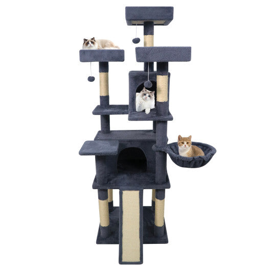65 Inch Tall Multi-level Cat Tree with 3 Upholstered Perch and 2 Cat Condos-Dark Gray - Color: Dark Gray