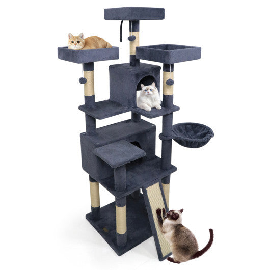 65 Inch Tall Multi-level Cat Tree with 3 Upholstered Perch and 2 Cat Condos-Dark Gray - Color: Dark Gray