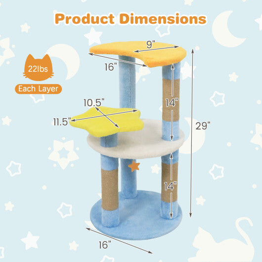 29 Inches Cute Modern Cat Tree with Star and Moon Shaped Platforms-Blue