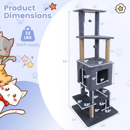 64 Inch Tall Cat Tree with 2 Large Condos and Jute Scratching Posts for Indoor Adult Cats-Dark Grey - Color: Dark Gray