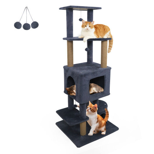 64 Inch Tall Cat Tree with 2 Large Condos and Jute Scratching Posts for Indoor Adult Cats-Dark Grey - Color: Dark Gray