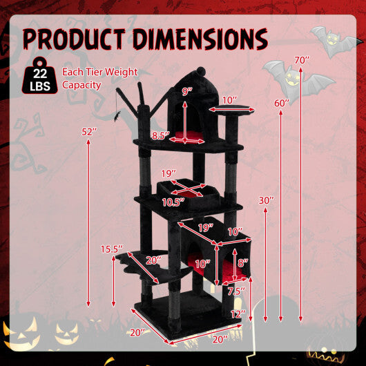 70 Inch Gothic Cat Tree for Indoor Cats with Castle and House
