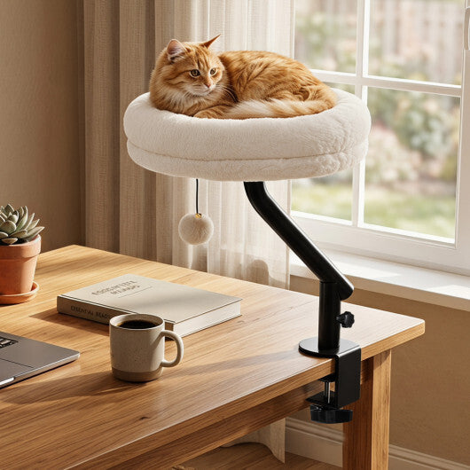 360? Rotating Cat Desk Bed for Indoor Cats with Removable Perch-White