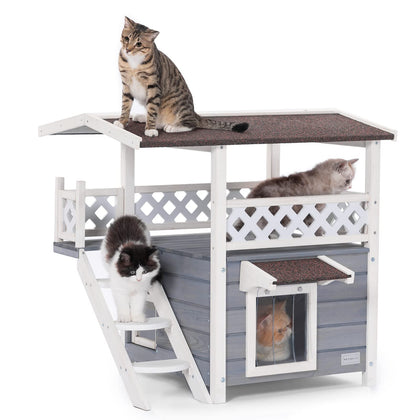 2-Story Weatherproof Outdoor Cat House with Escape Door